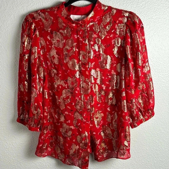 ba&sh Silk and Metallic Quarter Sleeve Button Up Blouse - Picture 2 of 13